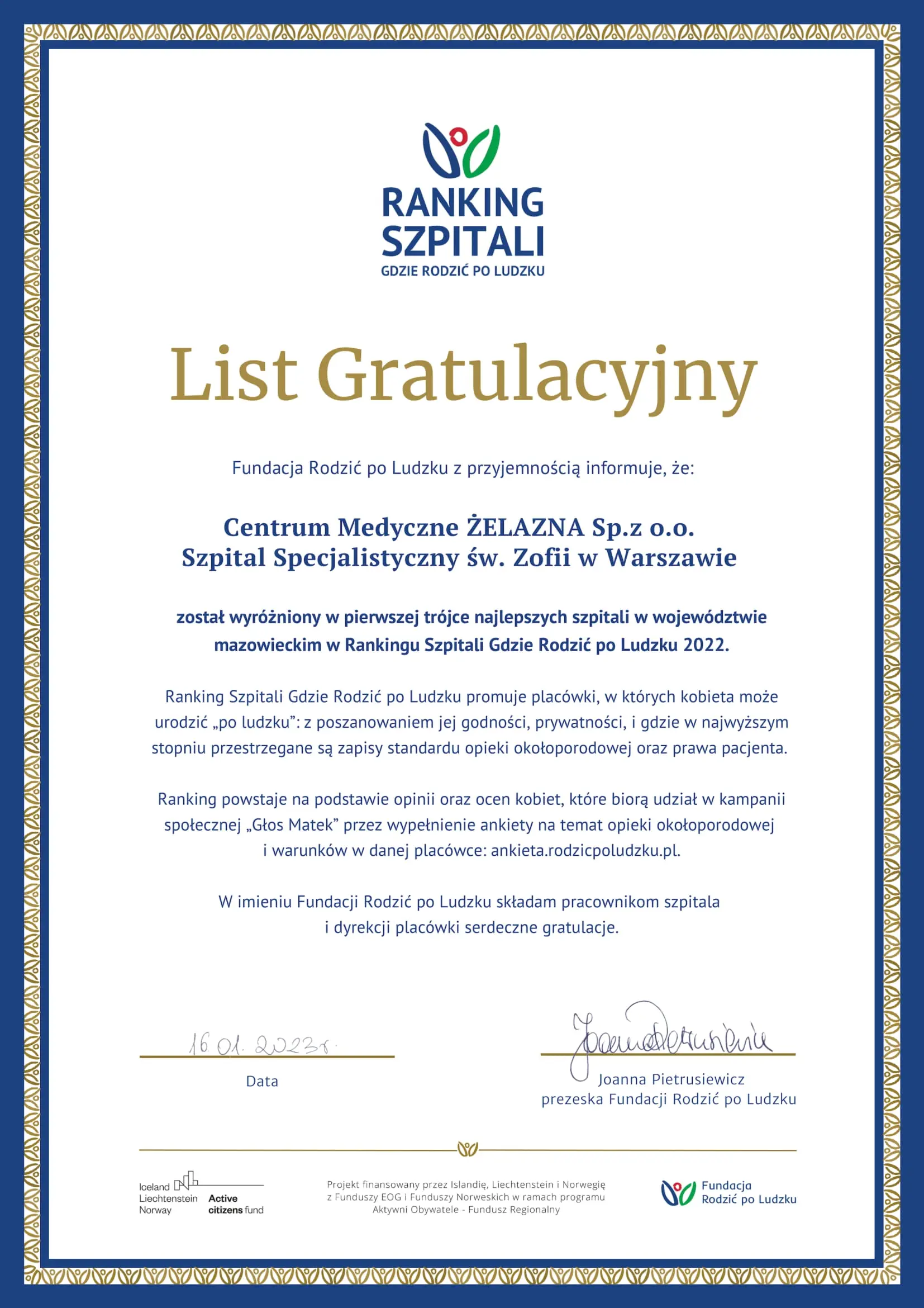 Centrum Medyczne ZELAZNA Sp.z o.o. Szpital Specjalistyczny sw. Zofii w Warszawie 1 1