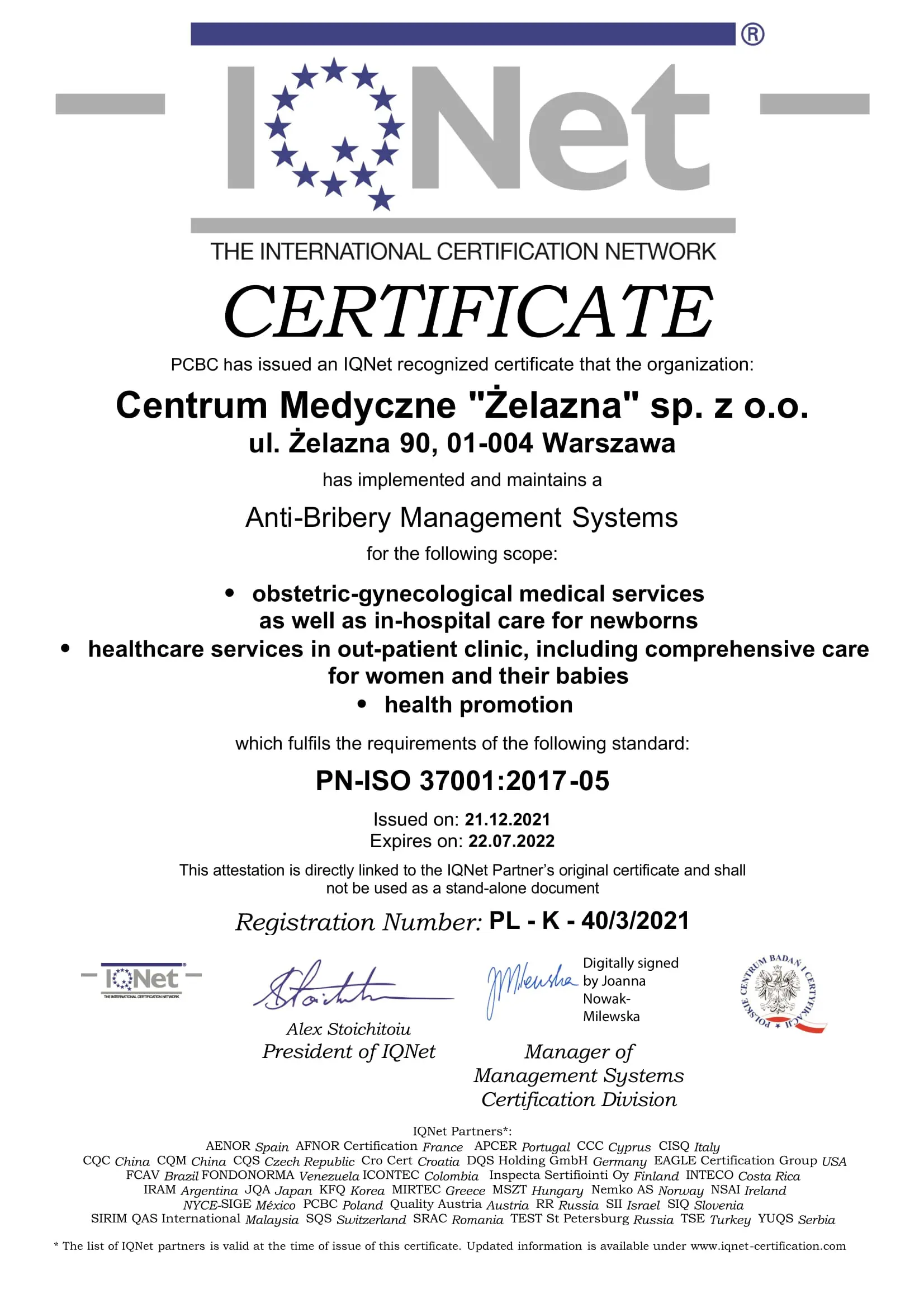 K 10 3 2021 CM Zelazna cert. IQNet sgn 1