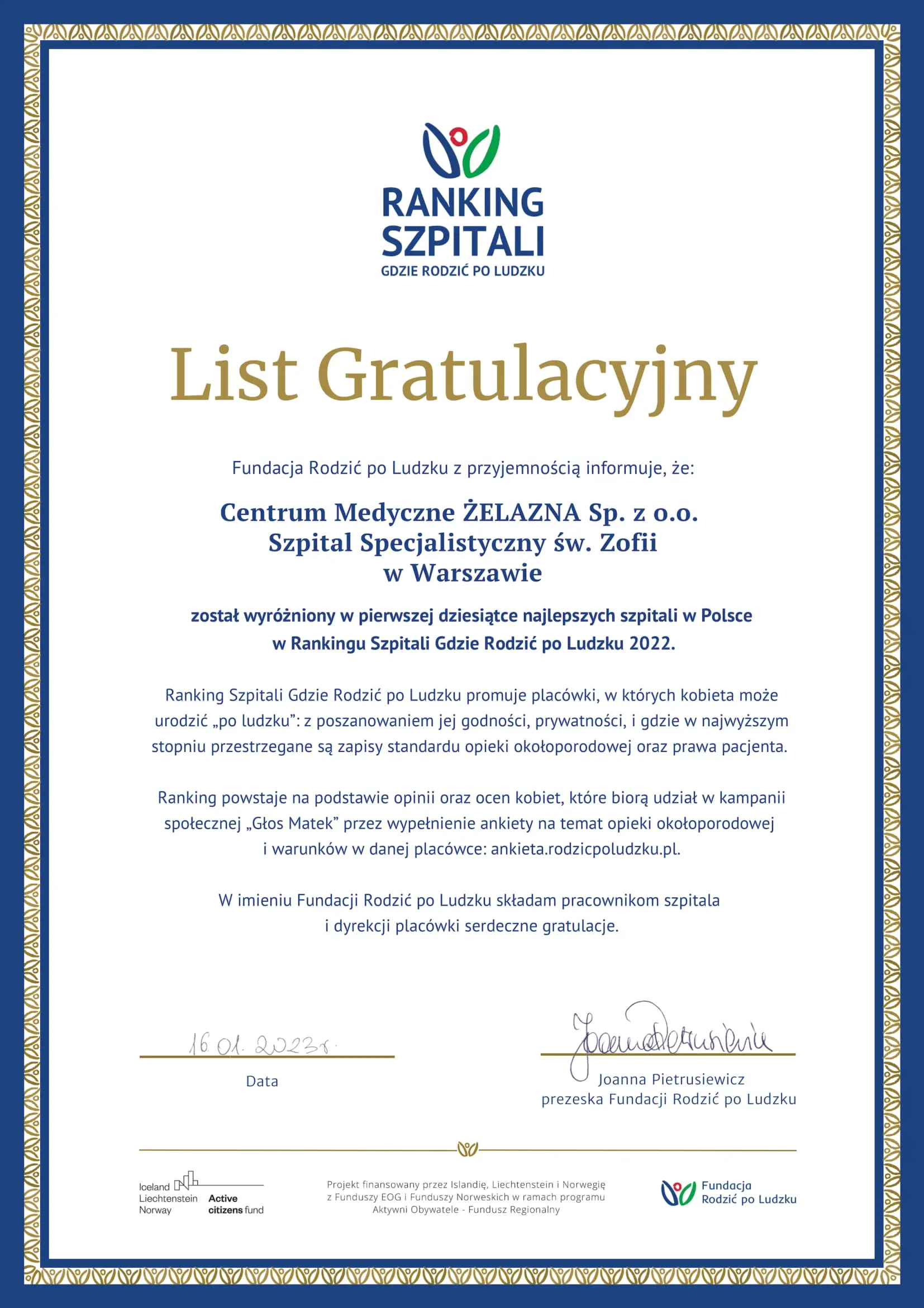 Warszawa Centrum Medyczne ZELAZNA Sp. z o.o. Szpital Specjalistyczny sw. Zofii 1 12